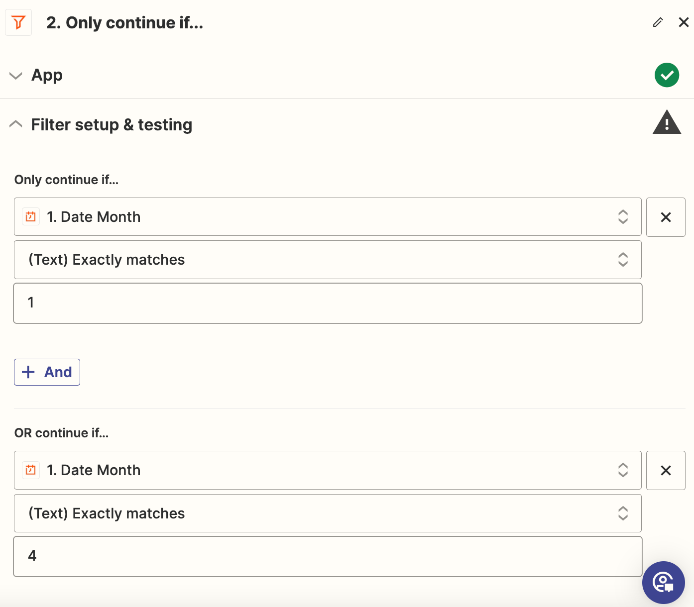 A screenshot of a filter step in the Zap Editor. The Zap is filtering by date months matching a specified number.