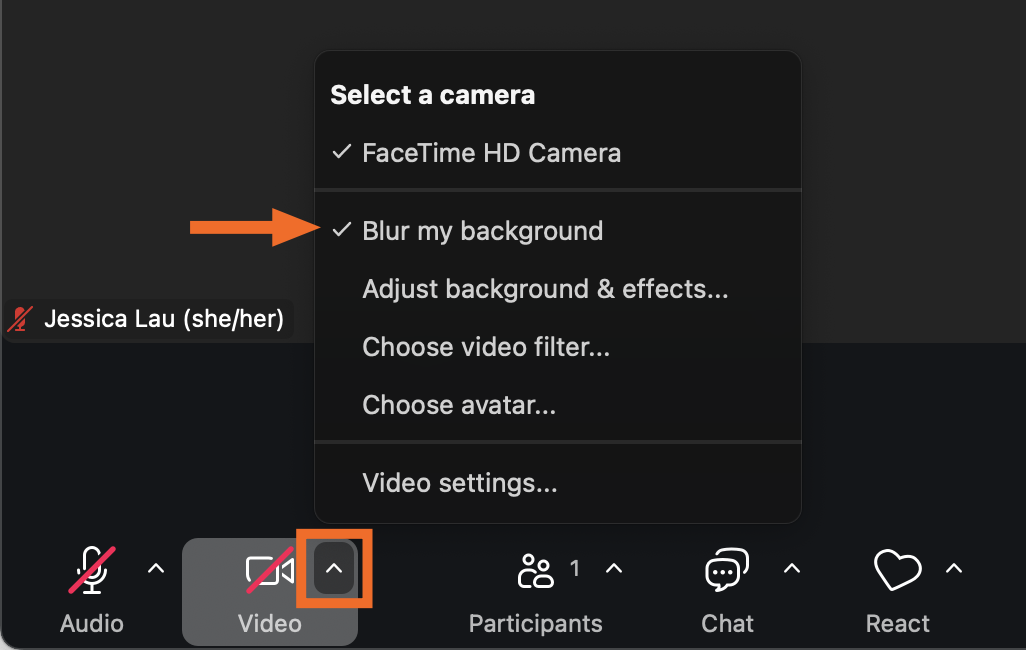 Zoom meeting menu bar with an expanded view of the video option. The blur my background tool is highlighted. 