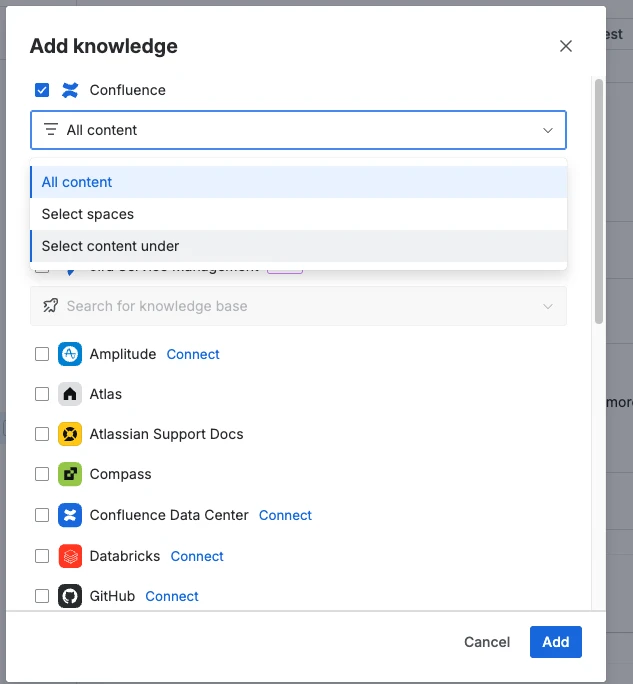Confluence is selected in the list of apps. The search field shows a dropdown menu with All content selected.