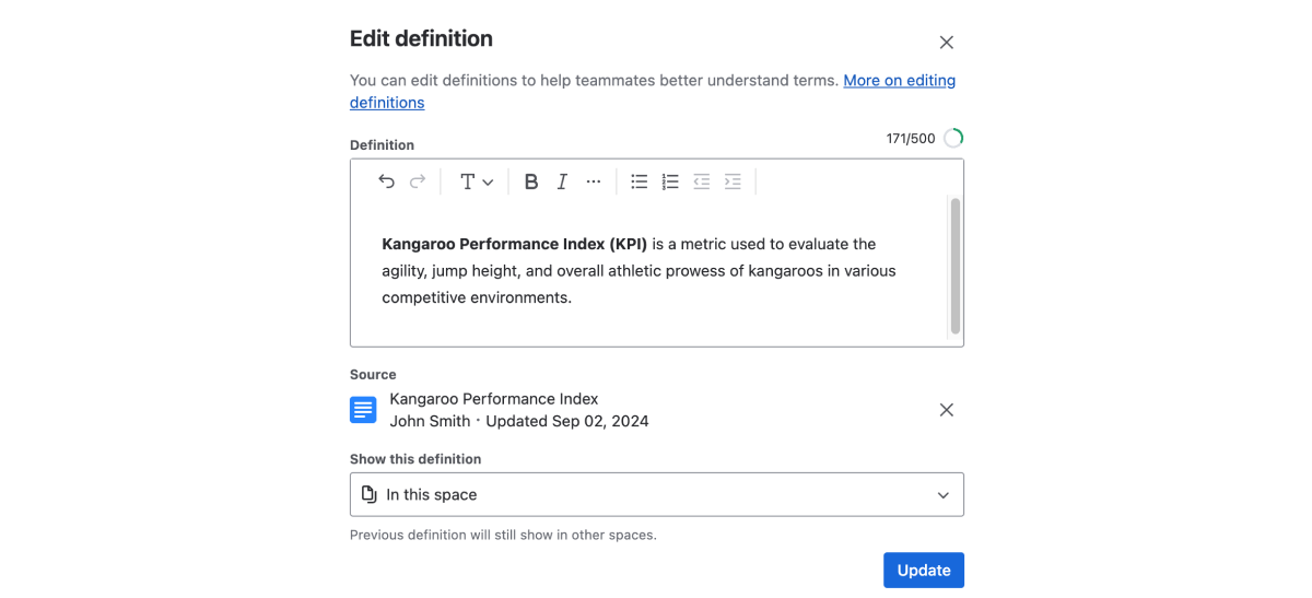 作成者が「KPI」の定義を変更している定義編集画面のスクリーンショット。