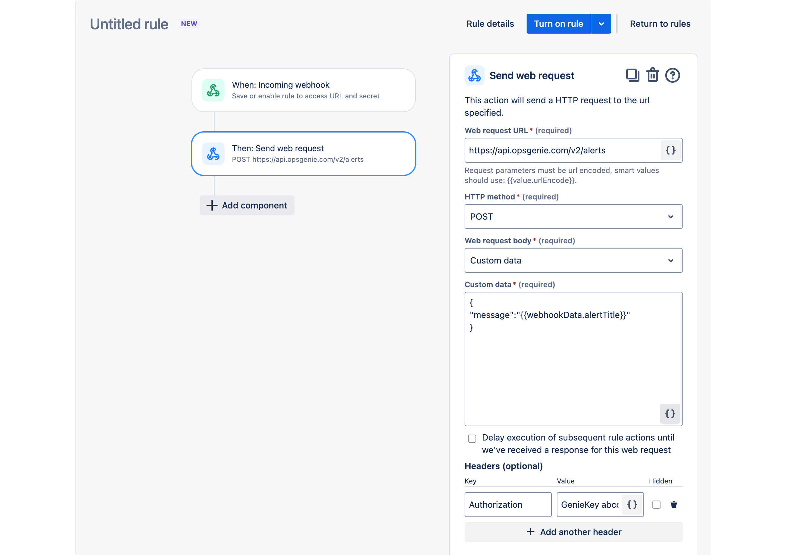 Web リクエスト設定の詳細を示す Jira 自動化の画面