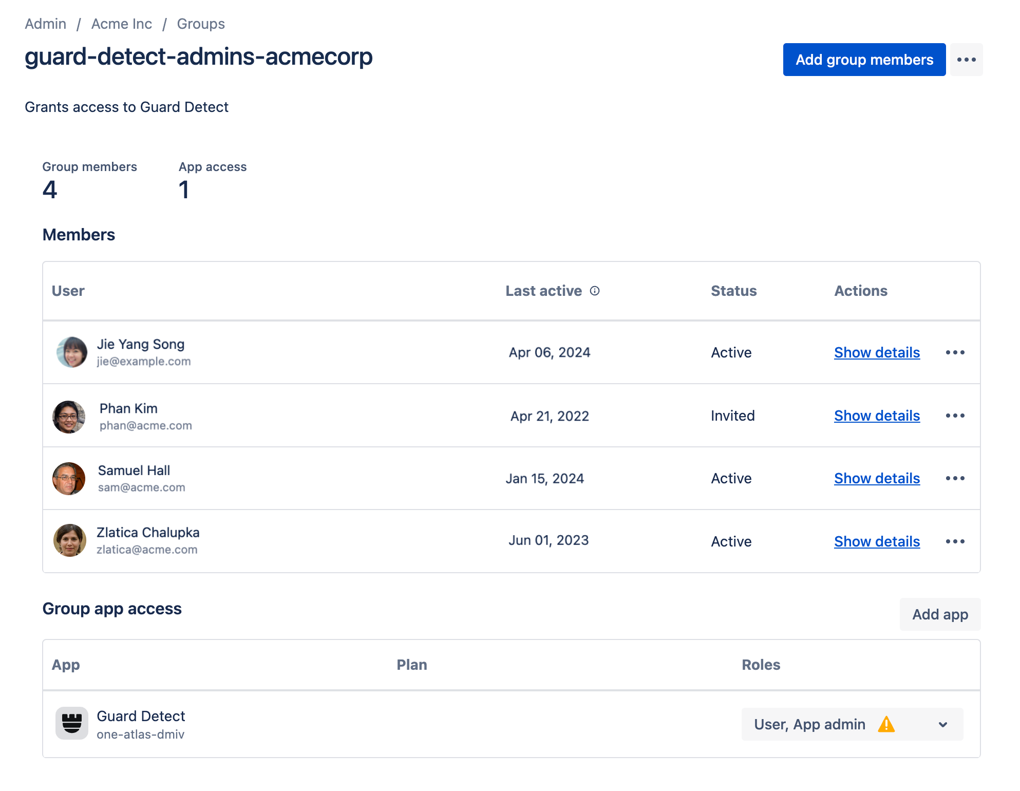Groups screen showing members of the admins group