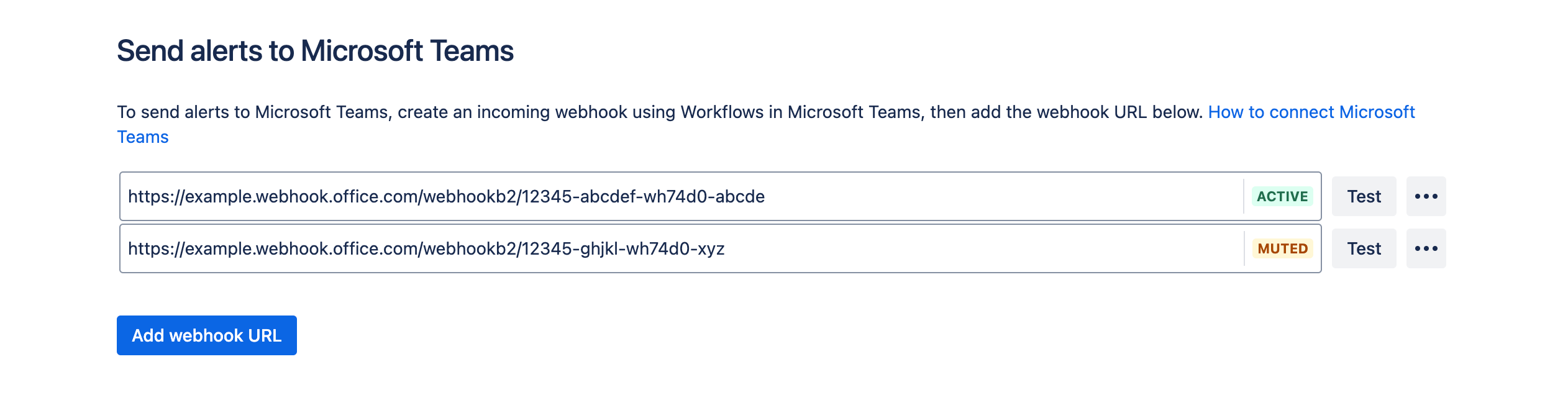 Webhook URL の例と [Webhook を追加] ボタンを示す Teams 統合